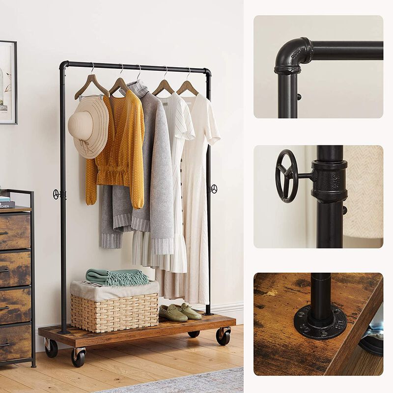 Heavy-Duty Industrial Pipe Style Rolling Clothes Rack with Shelf - Rustic Brown & Black