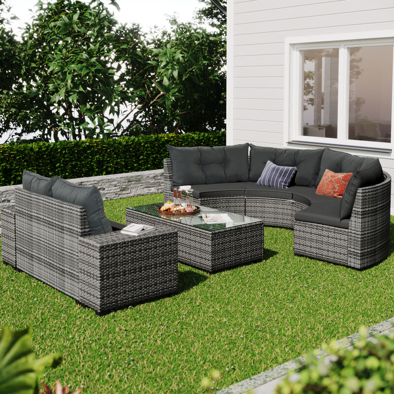 8-Pieces Outdoor Wicker Round Sofa Set, Half-Moon Sectional Sets All Weather, Curved Sofa Set