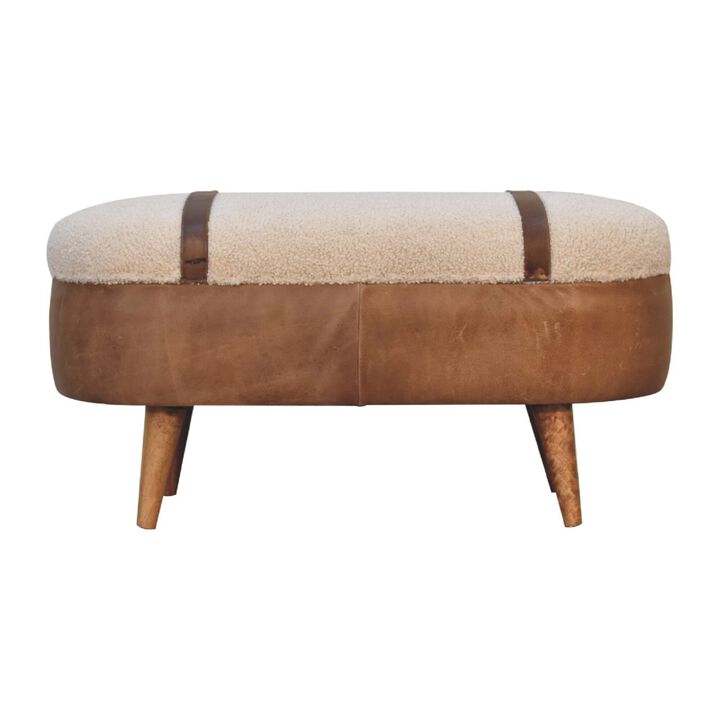 Solid Wood Tan Bufallo Leather Boucle Nordic Bench