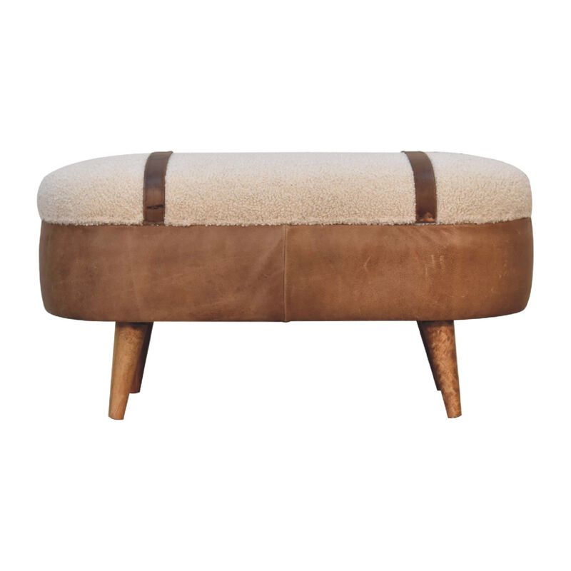 Solid Wood Tan Bufallo Leather Boucle Nordic Bench