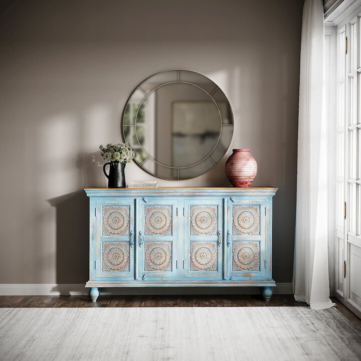 Jofran 71" Solid Wood Boho Distressed Sideboard Cabinet with Artisan Carved Doors