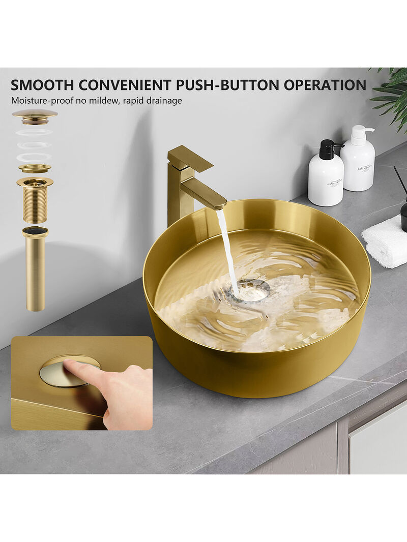 Stainless Steel Bathroom Sink with Mounting Ring & Pop-Up Drain Round Bowl Basin Rose Gold