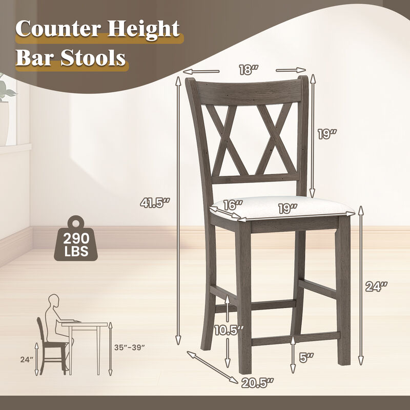 Set of 2 Bar Stools with Cross Back and Linen Fabric Upholstered Seat