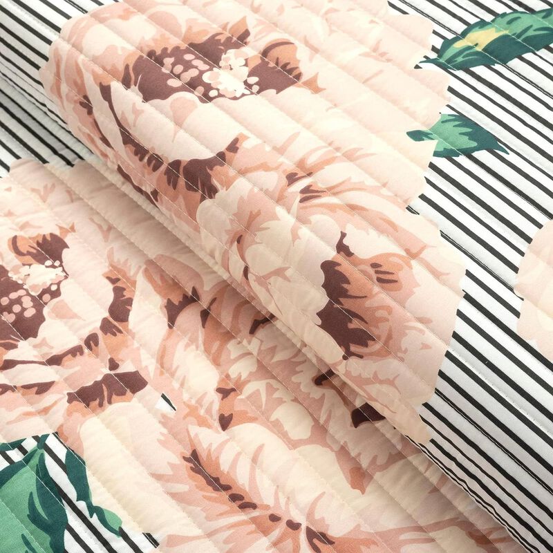 Hivvago Twin/Twin XL Size Polyester Black White Striped Rose Floral 2 Piece Quilt Set