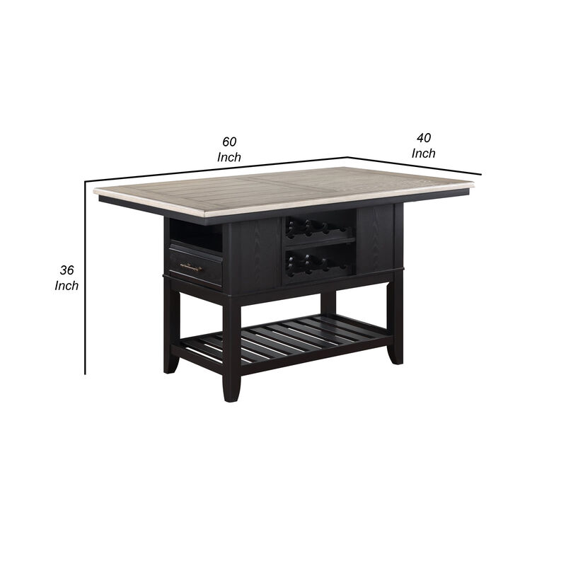 Kara 60 Inch Counter Height Dining Table, Lower Shelves, Wood, Black, Beige - Benzara