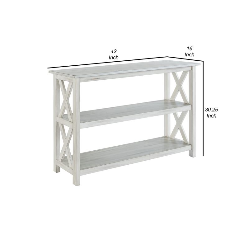 2 Shelf Wooden Entryway Table with X Shaped Accent, White-Benzara