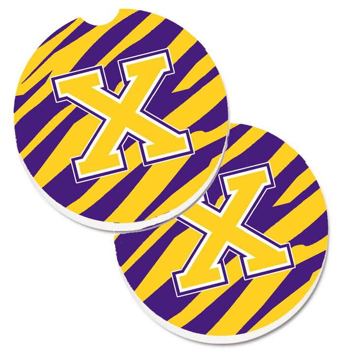 Caroline's Treasures Letter x Monogram - Tiger Stripe - Purple Gold Set of 2 Cup Holder Car Coasters CJ1022-XCARC, 2.56, Multicolor