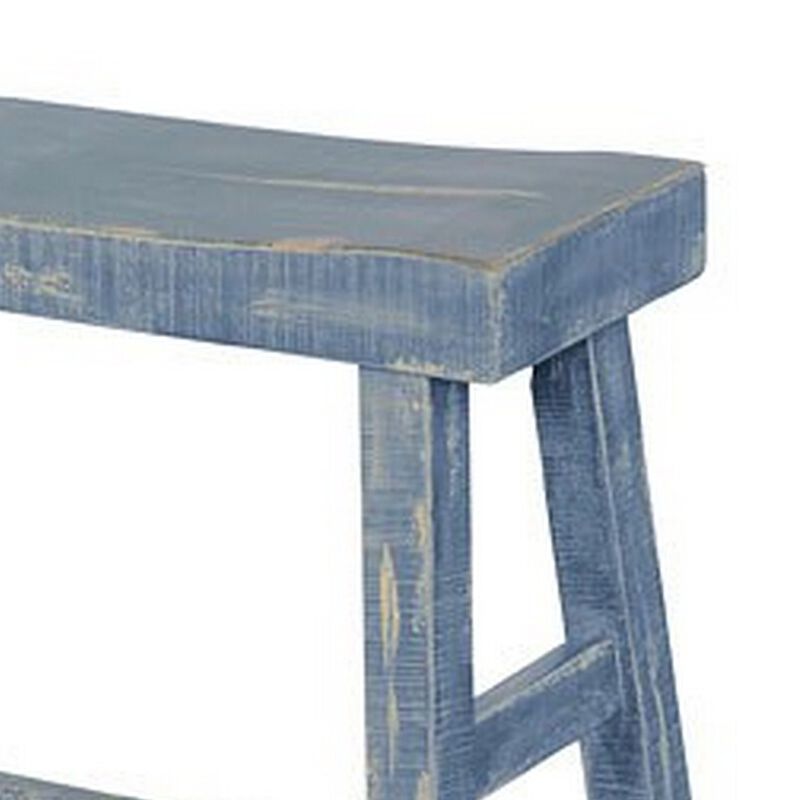 Rena Bar Height Bench, 33 Inch Rustic Ocean Blue Mahogany Wood Frame - Benzara