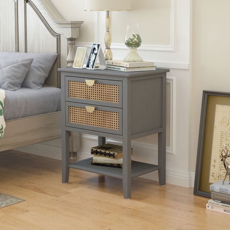 2 Drawer Side Table, Natural Rattan, End Table, Suitable For Bedroom, Living Room, Study