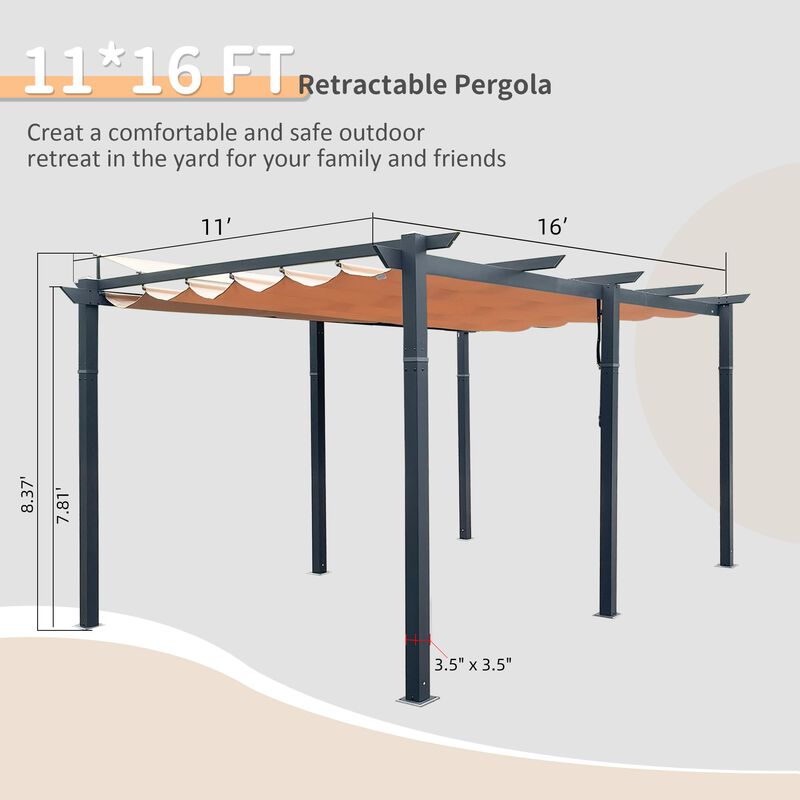 Mondawe 11x16Ft Outdoor Retractable Pergola,Rust-Resistant Aluminum Frame,Adjustable,Easy Assembly