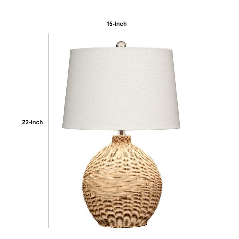 Cape 22 Inch Contemporary Rattan Table Lamp, Hand Woven, Linen Shade, Brown-Benzara