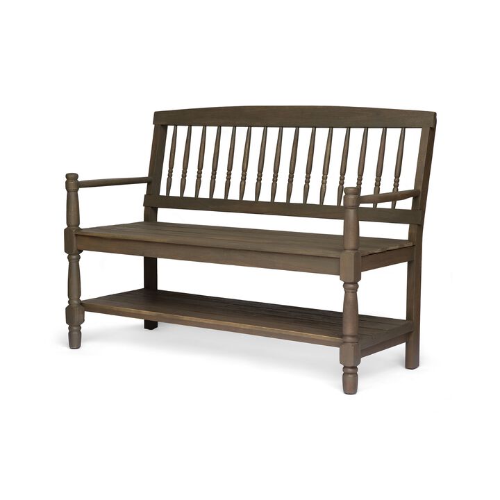 Ikra Outdoor Bench, Built-In Shelf, 51 Inch, Carved Gray Acacia Wood - Benzara