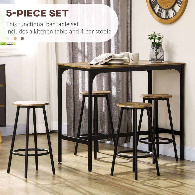 Pub-Style Eating Set: 5-Piece Industrial Bar Table with Metal Stools