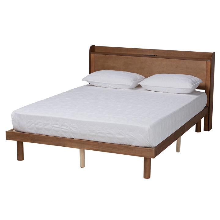 Baxton Studio Decker Walnut Brown Finished Wood Queen Size Platform Bed With Charging Station