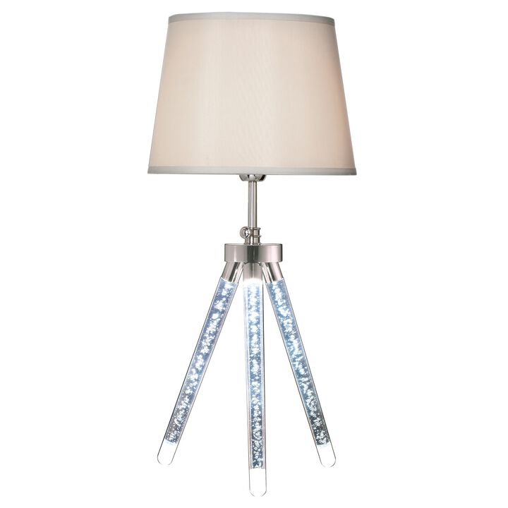 28 Inch Table Lamp, LED Tripod Base, Acrylic and Sand Chrome Finished Metal-Benzara 28 Inch Table Lamp, LED Tripod Base, Acrylic and Sand Chrome Finished Metal-Benzara