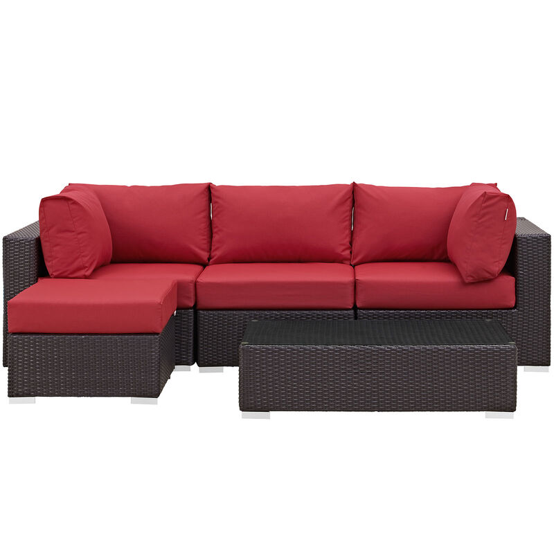 Convene 5 Piece Outdoor Patio Sectional Set - Espresso Red