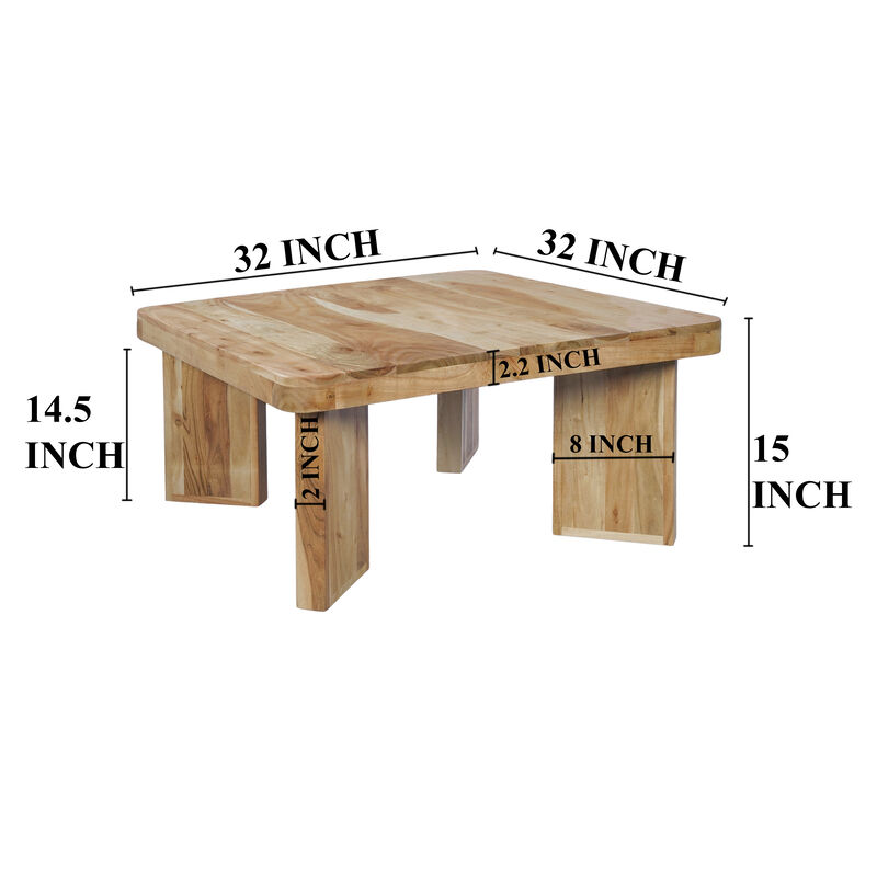 Cascade 32 Inch Coffee Table, Handcrafted Natural Acacia Wood, Square Top with Diagonal Wide Panel Legs