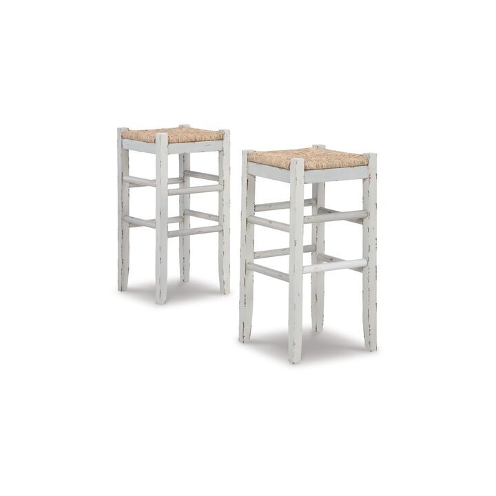 Anya Bar Height Stool Set of 2, Brown Woven Seat, 30 Inch Rustic White - Benzara