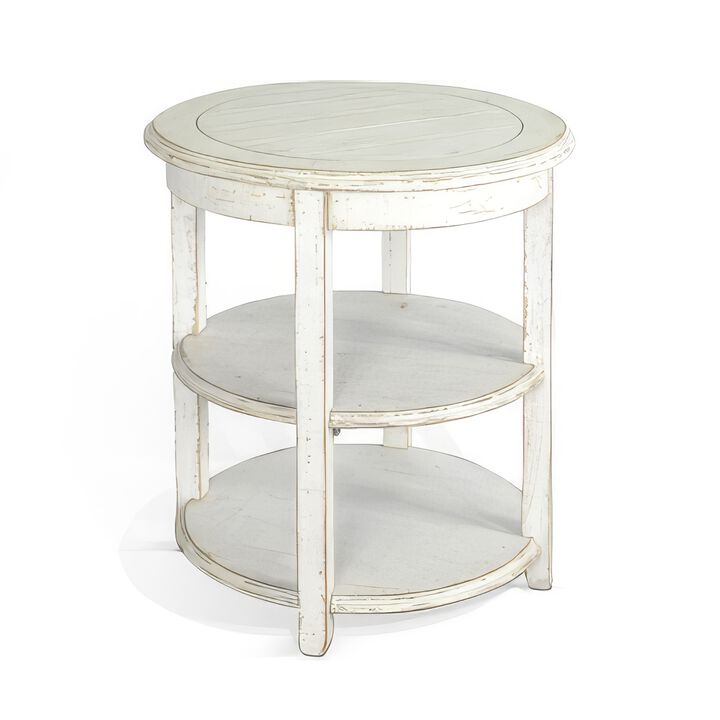 Rena Side End Table with 2 Shelves, 24 Inch Round White Mahogany Wood - Benzara