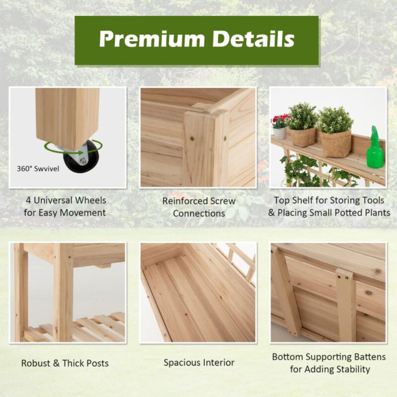 Hivvago Wooden Raised Garden Bed with Wheels Trellis and Storage Shelf