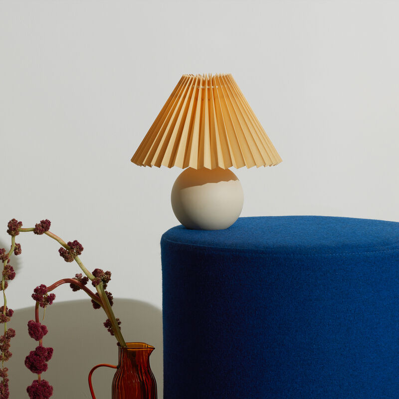 Brightech Serena Ceramic LED Table Lamp - Retro Asian-Inspired Orange Globe Base with Cream Pleated Shade - Compact, Energy-Efficient Light for Rustic, Boho, and Eclectic Decor