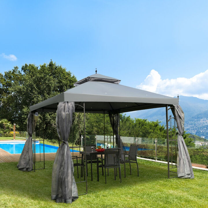 Grey Backyard Retreat: 10x10 Steel Patio Gazebo with Mesh Curtains