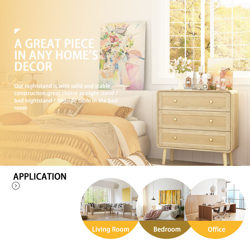 FUFU&GAGA 3-Drawer Nightstand, Modern Bedside Table with Rattan Fronts, Wooden Legs & Gold Handles, Spacious Storage for Bedroom (31.5" W x 32" H x 13.8" D), Natural Wood