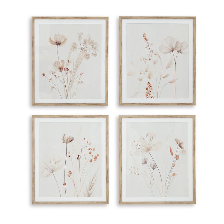 Corwin Wall Art Set of 4, Simple Flowers, Light Brown Wood Frame 23x27 - Benzara