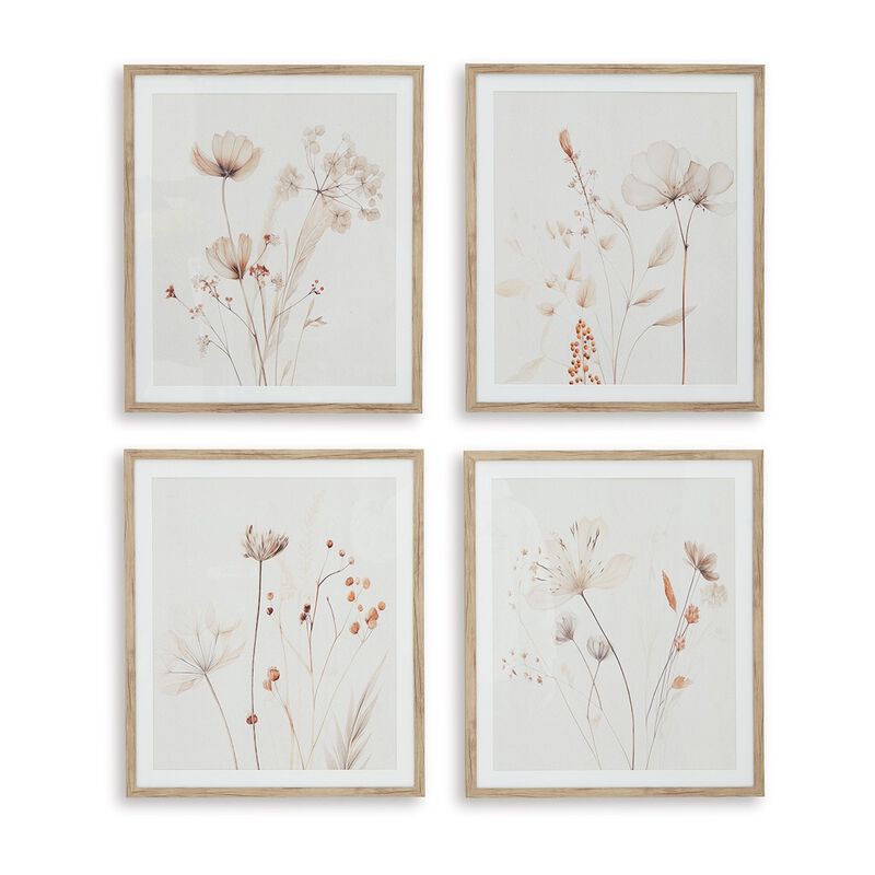 Corwin Wall Art Set of 4, Simple Flowers, Light Brown Wood Frame 23x27 - Benzara