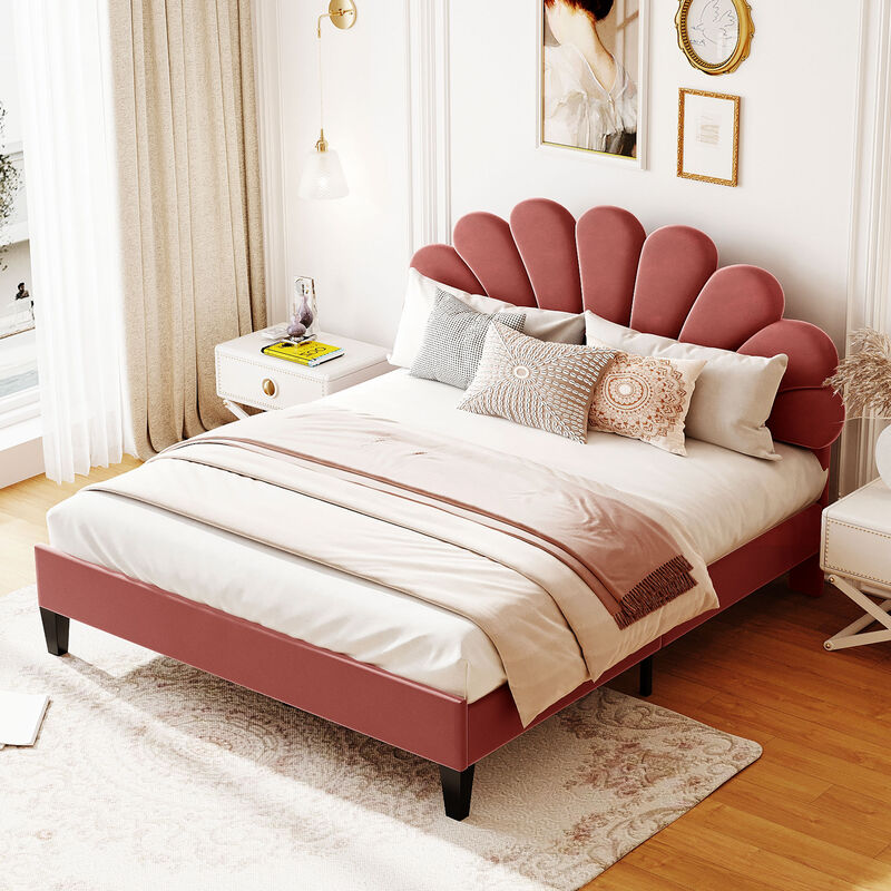 Merax Upholstered Platform Bed with Flower Pattern Velvet Headboard