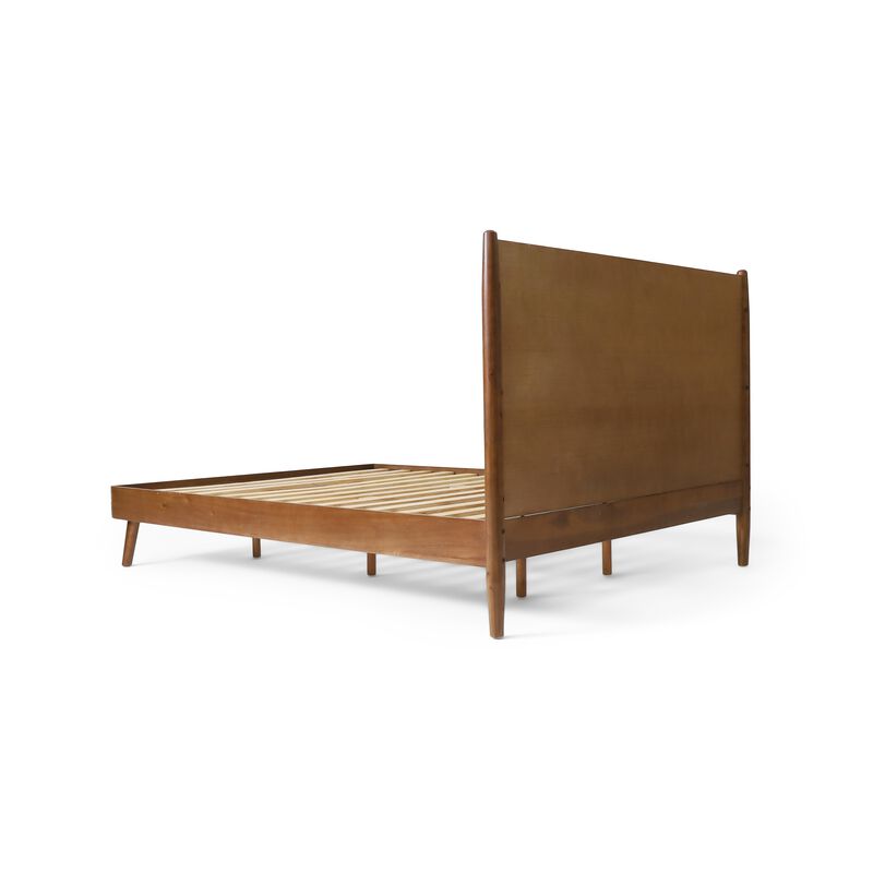 Ozzy Queen Size Bed, Panel Headboard Design, Rich Brown Acacia Wood - Benzara