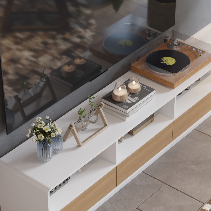 White/Oak Wood TV Stand Media Console with Pop up Drawers, Open Shelf, Fits TV's up to 80 in.