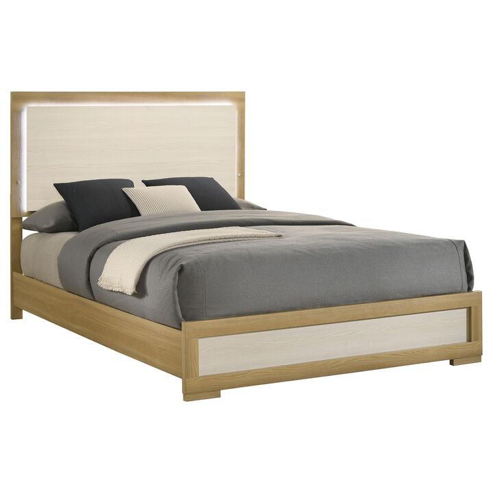 Hyle Queen Size Bed, Natural Brown Hardwood, LED Backlit Headboard - Benzara
