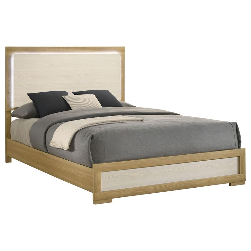 Hyle Queen Size Bed, Natural Brown Hardwood, LED Backlit Headboard - Benzara