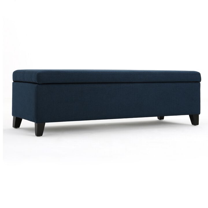 Harry Storage Ottoman Bench, Navy Blue Fabric 51 Inch Solid Birch Wood -Benzara