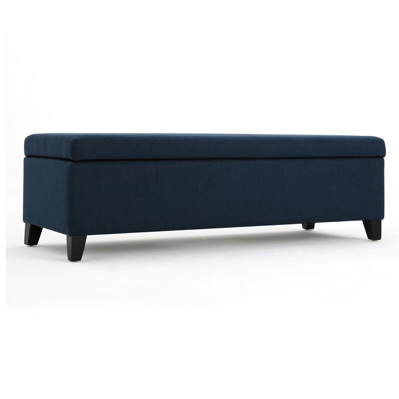 Harry Storage Ottoman Bench, Navy Blue Fabric 51 Inch Solid Birch Wood -Benzara