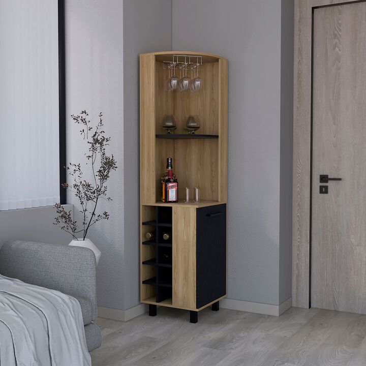Morocco Corner Bar Single Door Cabinet Two Shelves, Ten Built-in Wine Rack, Two Interior Shelves, Natural Oak / Black -Living Room