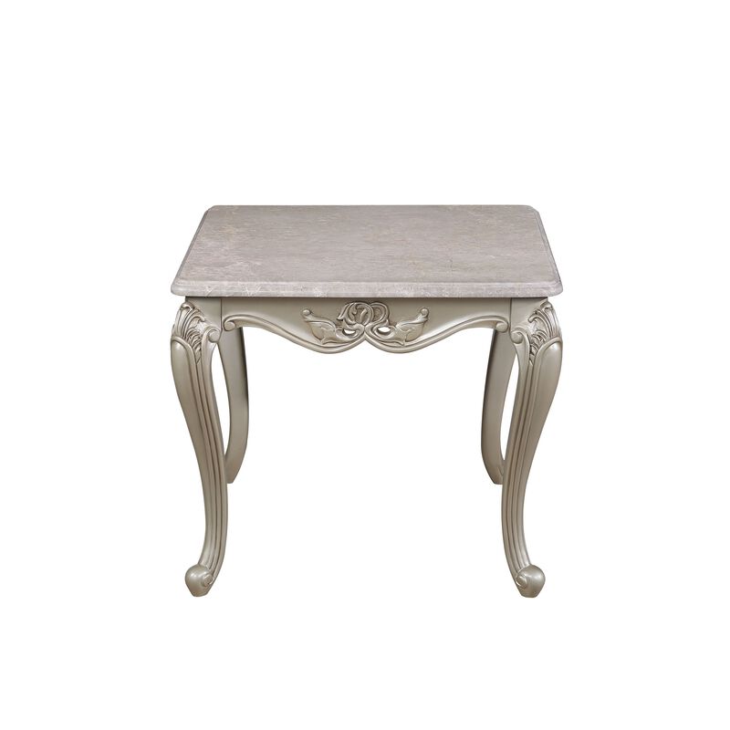 Kerra Side End Table, Beige Marble, Classic Carved Champagne 28 Inch - Benzara