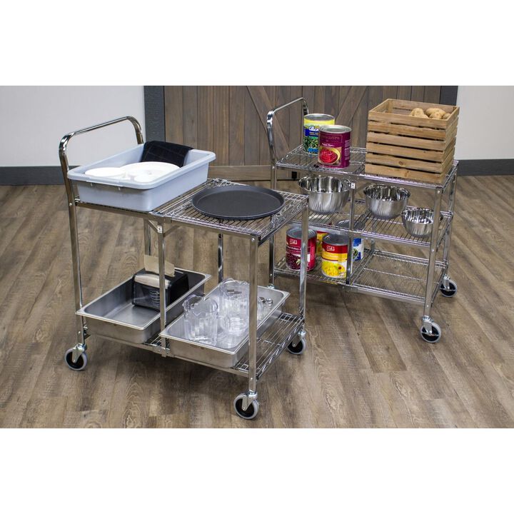 Ergode Collapsible Steel Wire Utility Supply Cart with 3 Shelf, Single-Grab Handle in Polished Chrome Finish - Ideal for Restaurants, Kitchens and Cafe