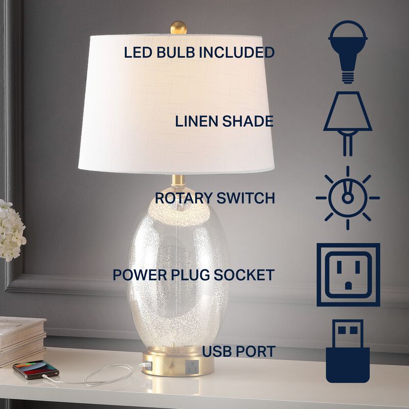 Reese 1-Outlet Contemporary Style Iron/Glass LED Table Lamp with USB Charging Port