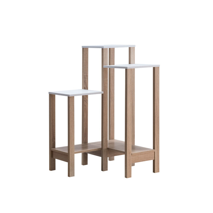 White & Weathered White Plant Stand with 3 Multi Level Shelves and Bottom Shelf