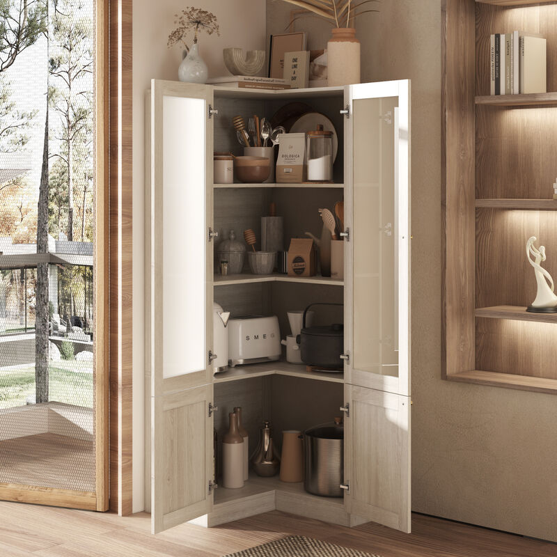 FUFU&GAGA Modern Wood Grain Food Pantry Cabinet with Adjustable Shelves and Glass Doors (31.5" W x 70.9" H x 31.5" D), Elegant Brass Pull Handles