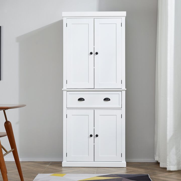 White Kitchen Pantry: 72" Freestanding with Cupboards, Drawers