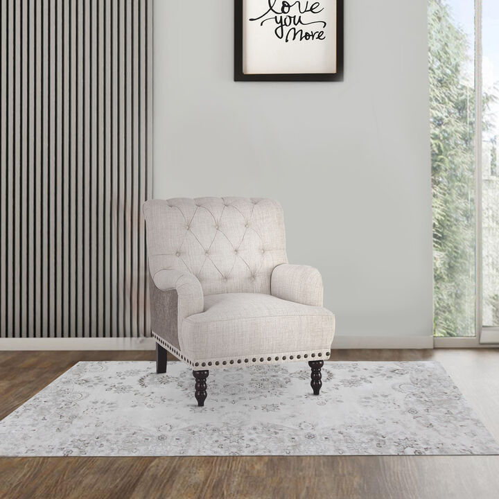 Wooden Accent Chair with Fabric and Faux Leather Upholstery,Gray and Cream-Benzara
