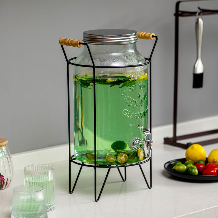 Basicwise 1.6-Gallon Glass Drink Dispenser with Stainless Steel Spigot – Water and Juice Container, Lemonade Stand, Beverage Dispenser for Parties, Weddings, Birthdays, and Family Business Meetings