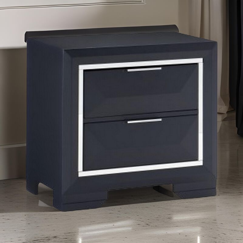 Rosy 27 Inch Nightstand, 2 Drawers, Chrome Accents, Midnight Blue Wood - Benzara