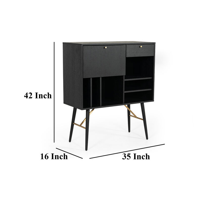 Belo Accent Buffet Sideboard, 6 Shelves, Gold Accent, Black, 42 Inch - Benzara