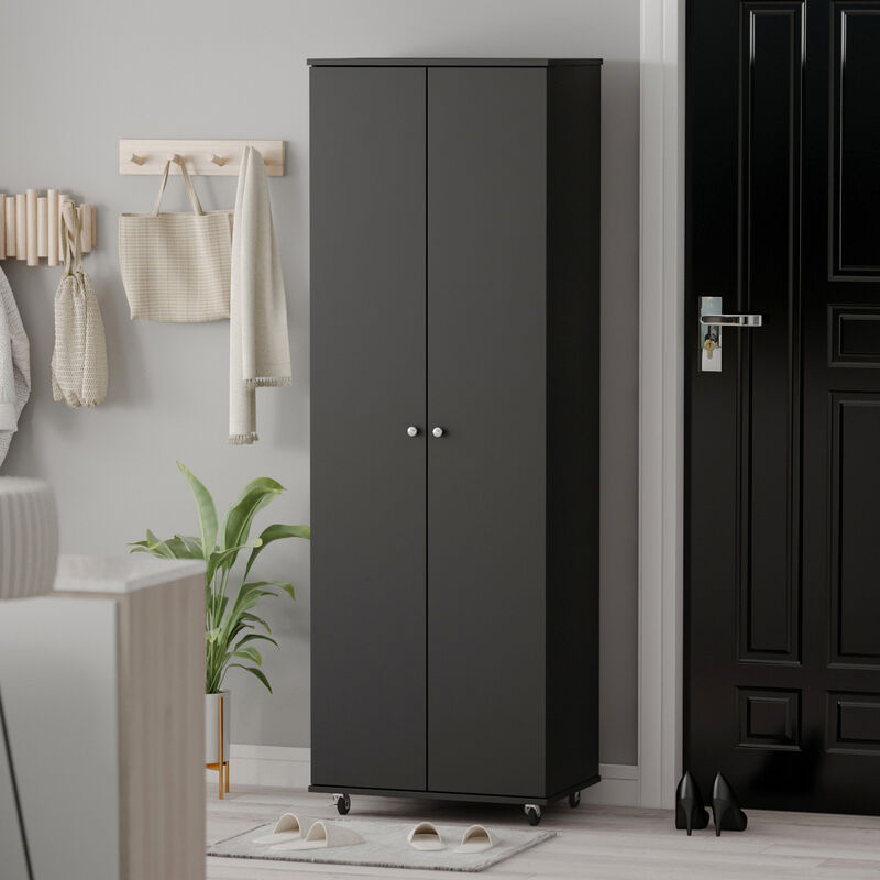 23.6 in. W x 70.9 in. H 24-Pair Black Wood 2-Door Shoe Storage Cabinet with Wheels