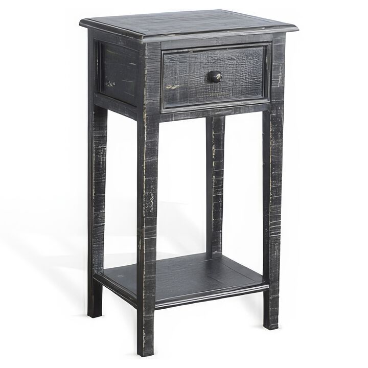 Rena Side End Table with 1 Drawer, 17 Inch Rustic Black Mahogany Wood - Benzara