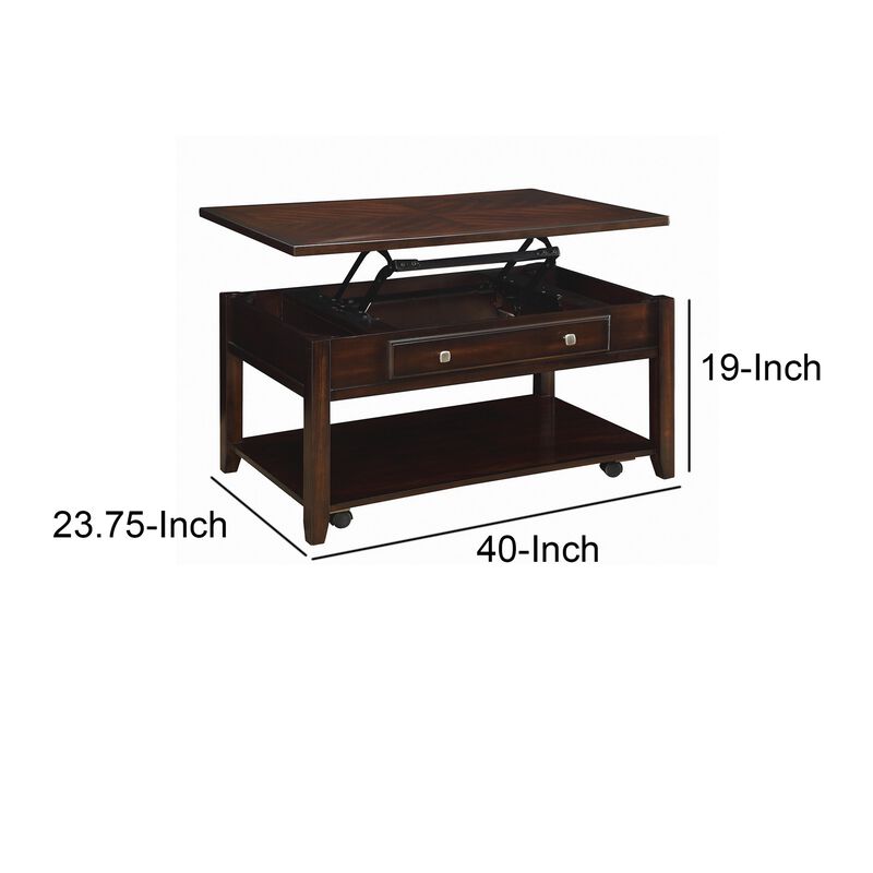 Modern Lift Top Wooden Coffee Table With Storage & Shelf, Walnut Brown-Benzara